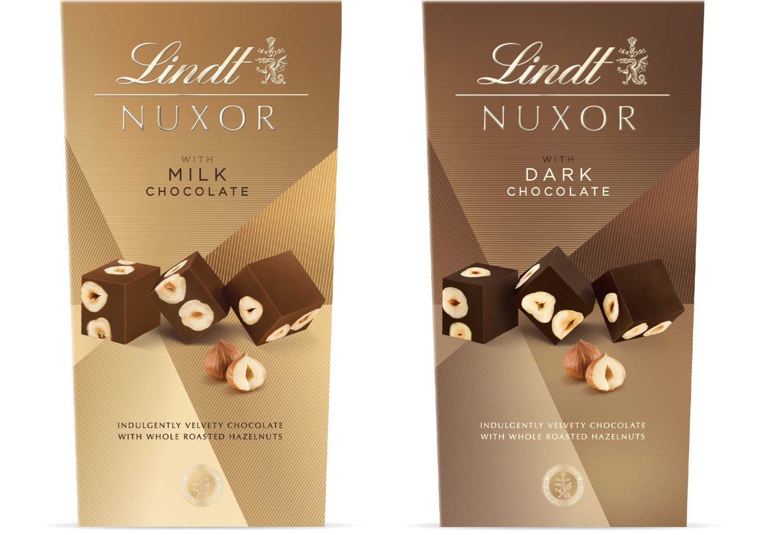 LINDT Nuxor packaging gold facets cubes nuts milk dark chocolate gradients