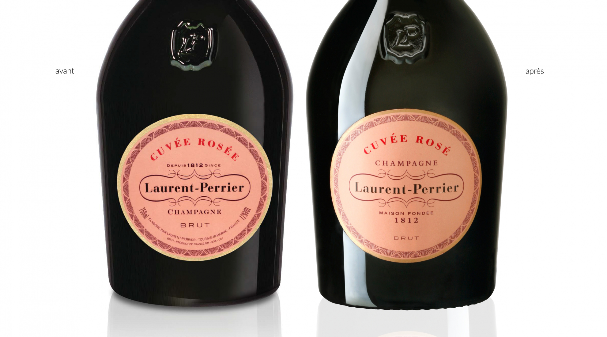 laurent perrier bottle before after label champagne rose maison 1812