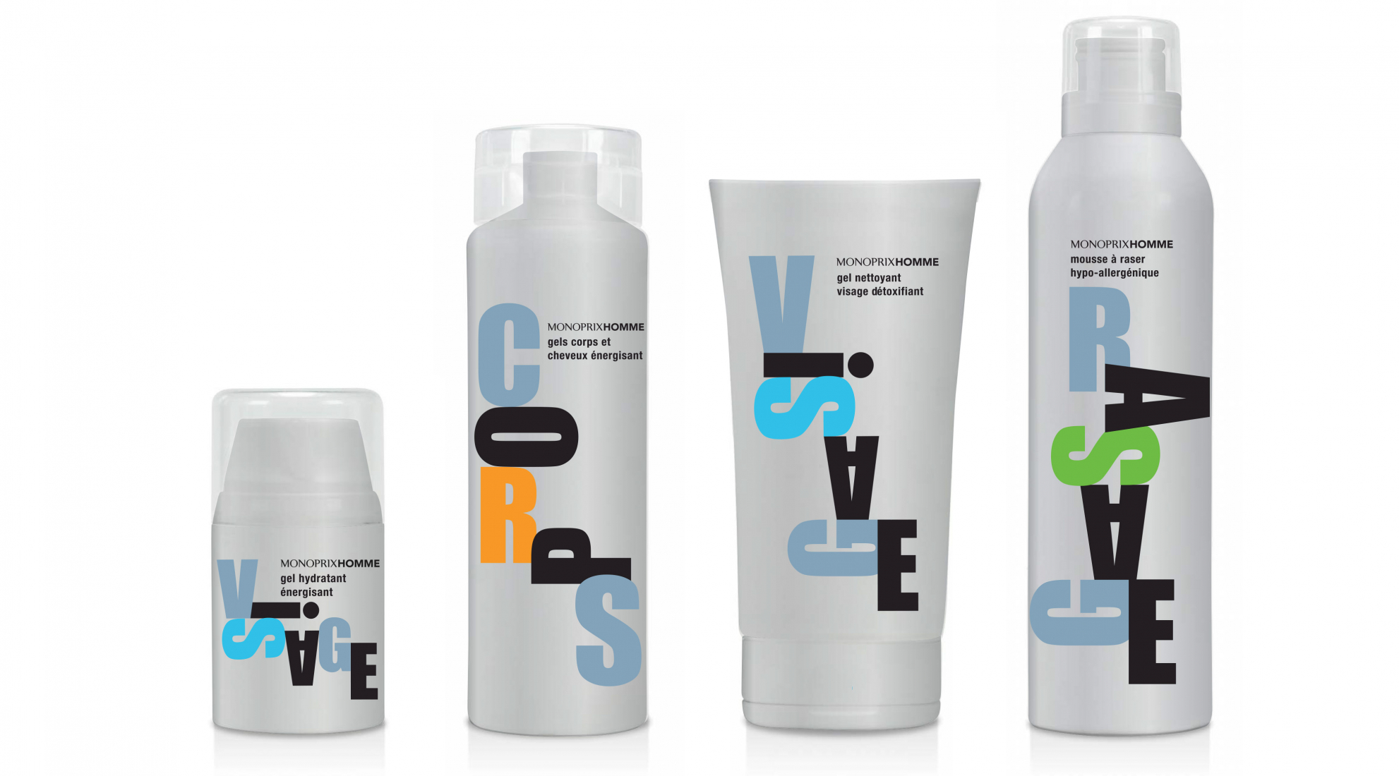 monoprix homme beaute produits packaging typographie argent metal